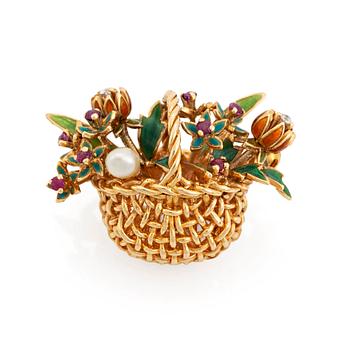 A WA Bolin basket brooch 18K gold and enamel, design Barbro Littmarck.