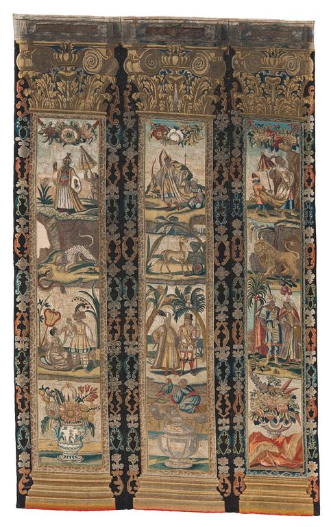 EMBROIDERY. Cross stitches and petit point. 267,5 x 162,5 cm. Probably England, around 1700.