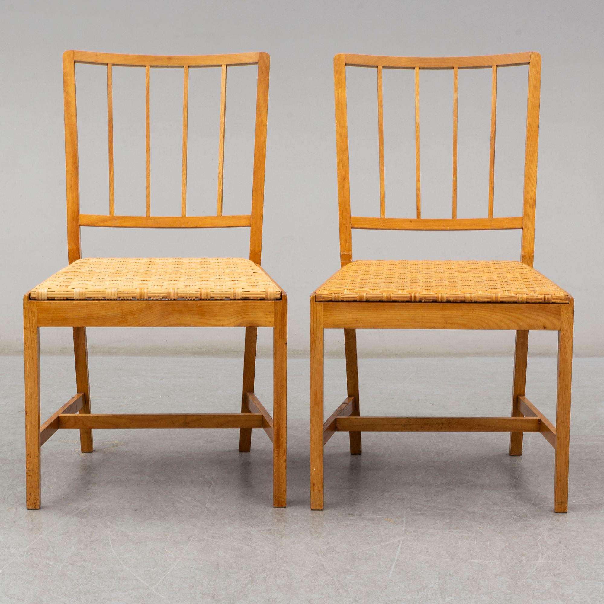 JOSEF FRANK, a set of six elm and rattan dining chairs, model 800.