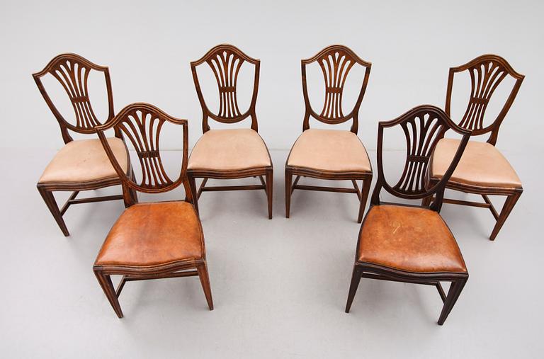 STOLAR, 6 st (4+2), Hepplewhite-typ, 2 st signerade IEH, Johan Erik Höglander (mästare i Stockholm från 1777).