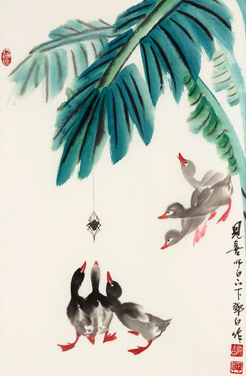 A painting by Deng Baiyuejin (1958-), "Seeing happiness" (jian xi), signed.