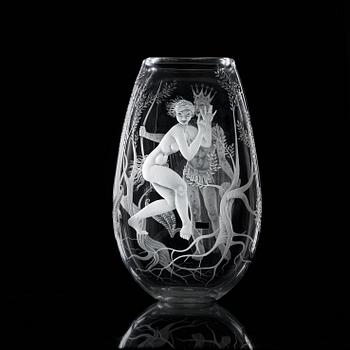 Vicke Lindstrand, an engraved glass vase ''Midsummer night's dream', Kosta, Sweden 1987.