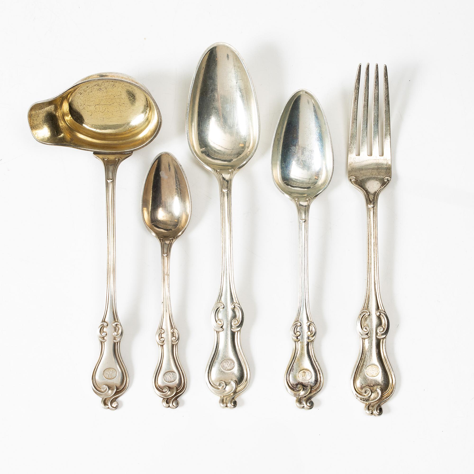 A 30 piece 'Adlerstråhle' silver cutlery service, Lars Larsson, 1873, Stockholm.