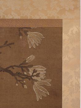 A scroll painting, ink and colour on silk laid on paper, by anonymous artist, late Ming/early Qing dynasty.