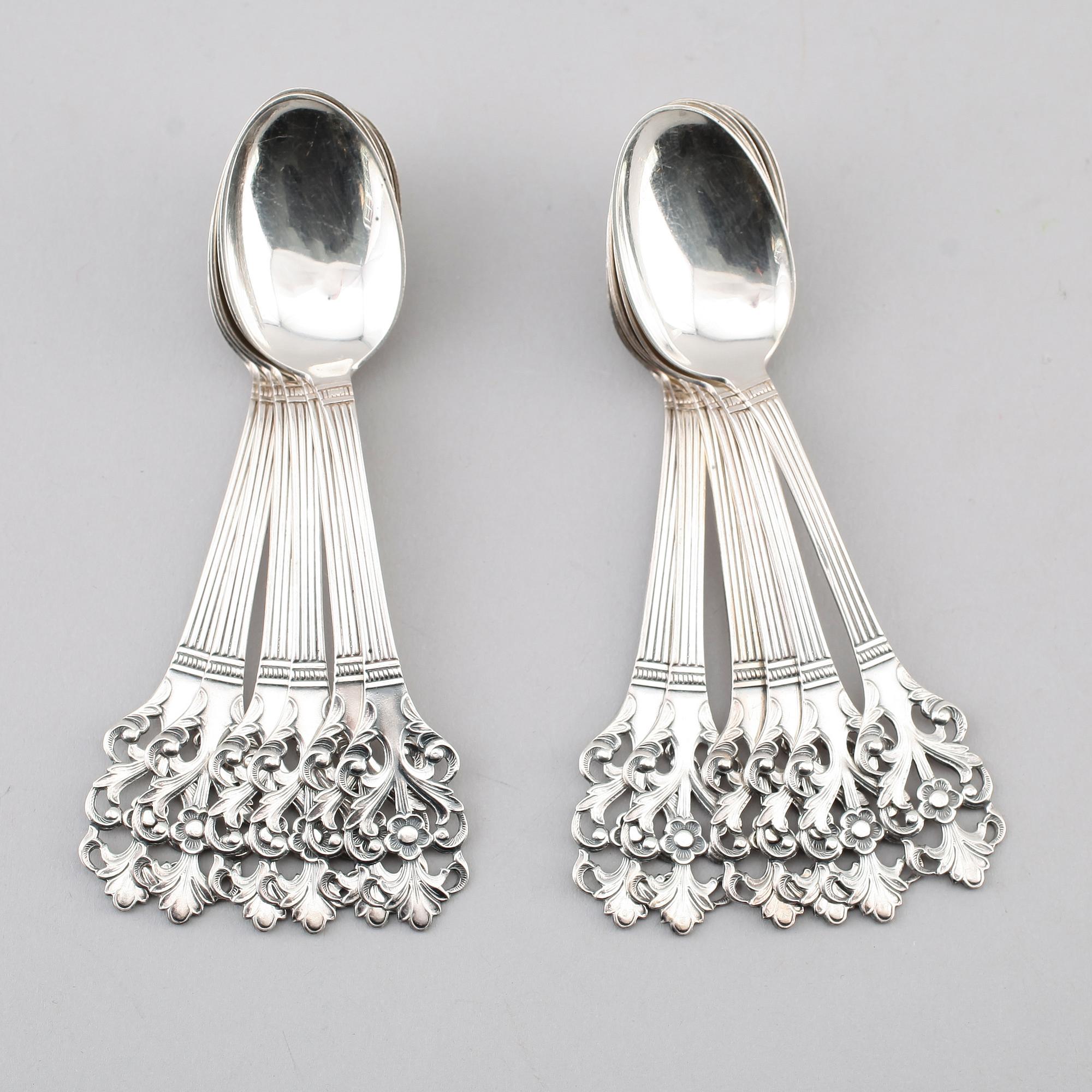 KAFFESKEDAR, 12 st, silver, Norge. Vikt ca 124 g.