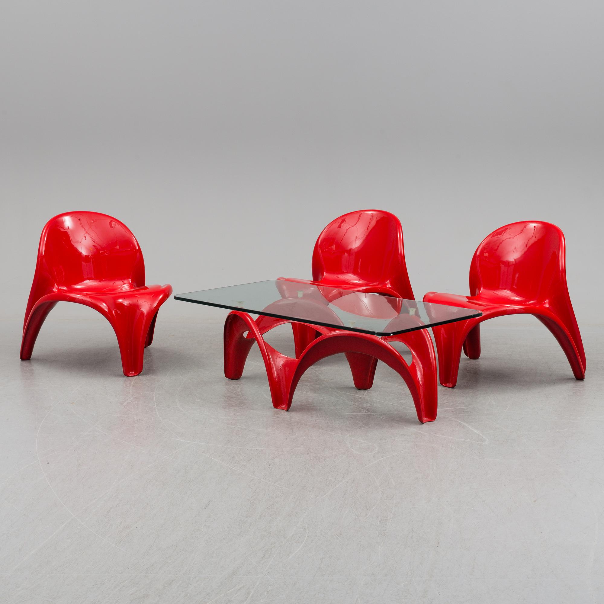 AAGE EGERIIS, a sofa table and three lounge chairs, France & son, Denmark.