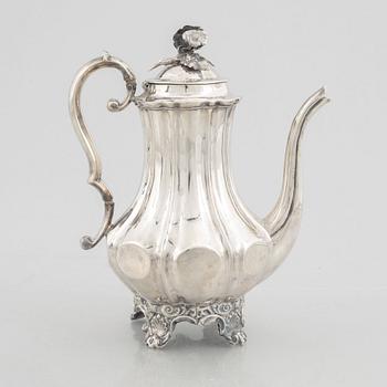 A Swedish Silver Rococo-Revival Coffee Pot, mark of Christian Hammer, Stockholm 1850.