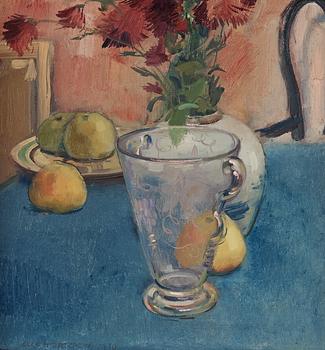 671. Olle Hjortzberg, Still life with vase and apples.