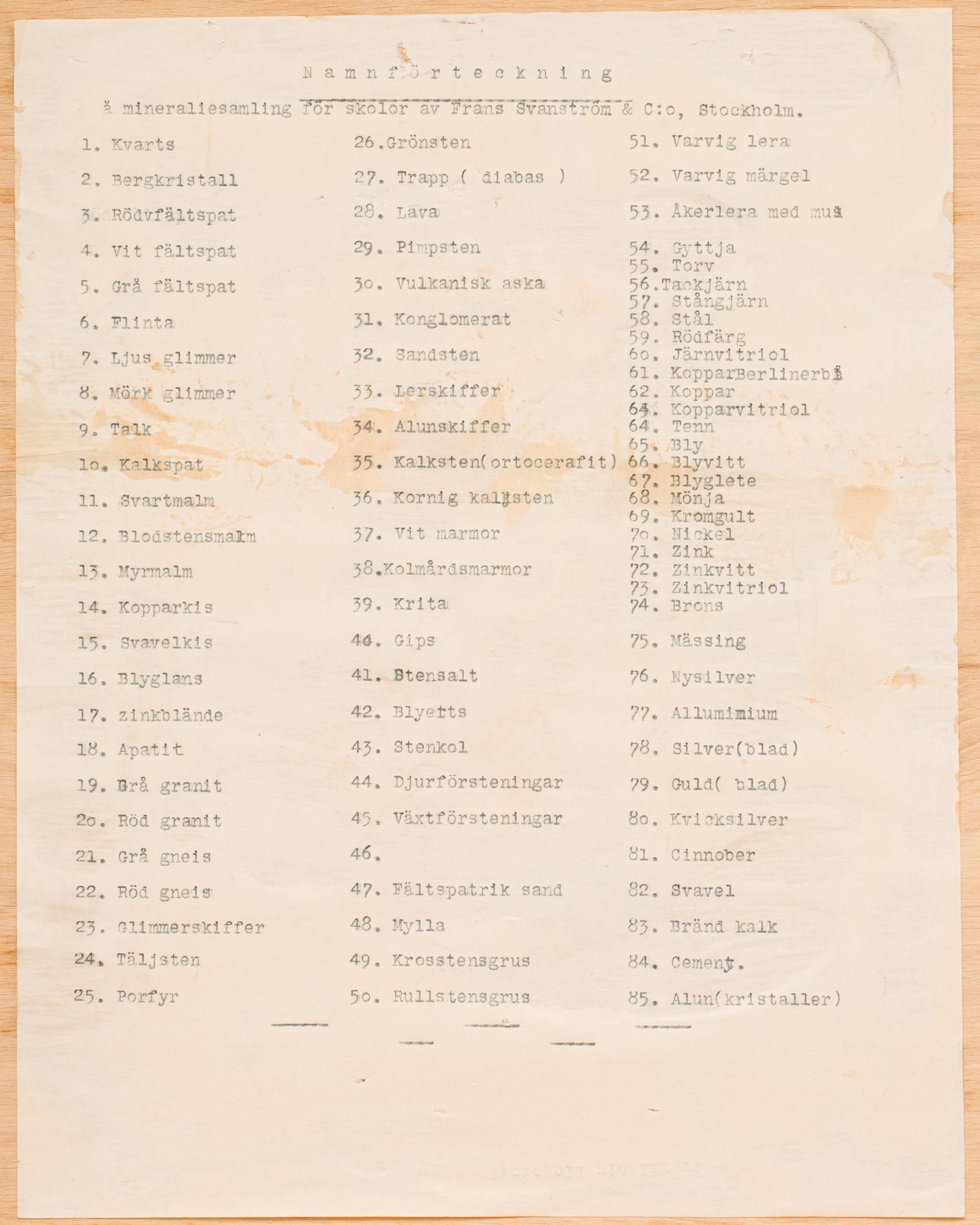 MINERALSAMLING FÖR SKOLOR, 1900-talets första del.