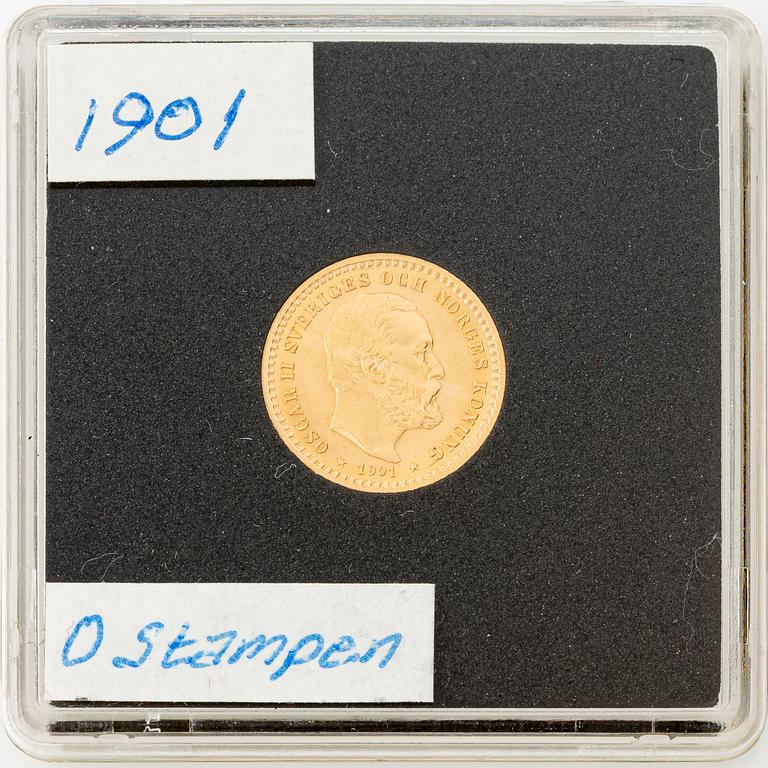 Gold coin, Oscar II, 5 kronor, type II, Sweden 1901.