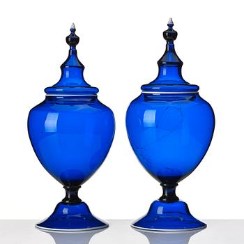 A pair of Swedish blue glass jars with covers, Gothenburg, 18th Century.