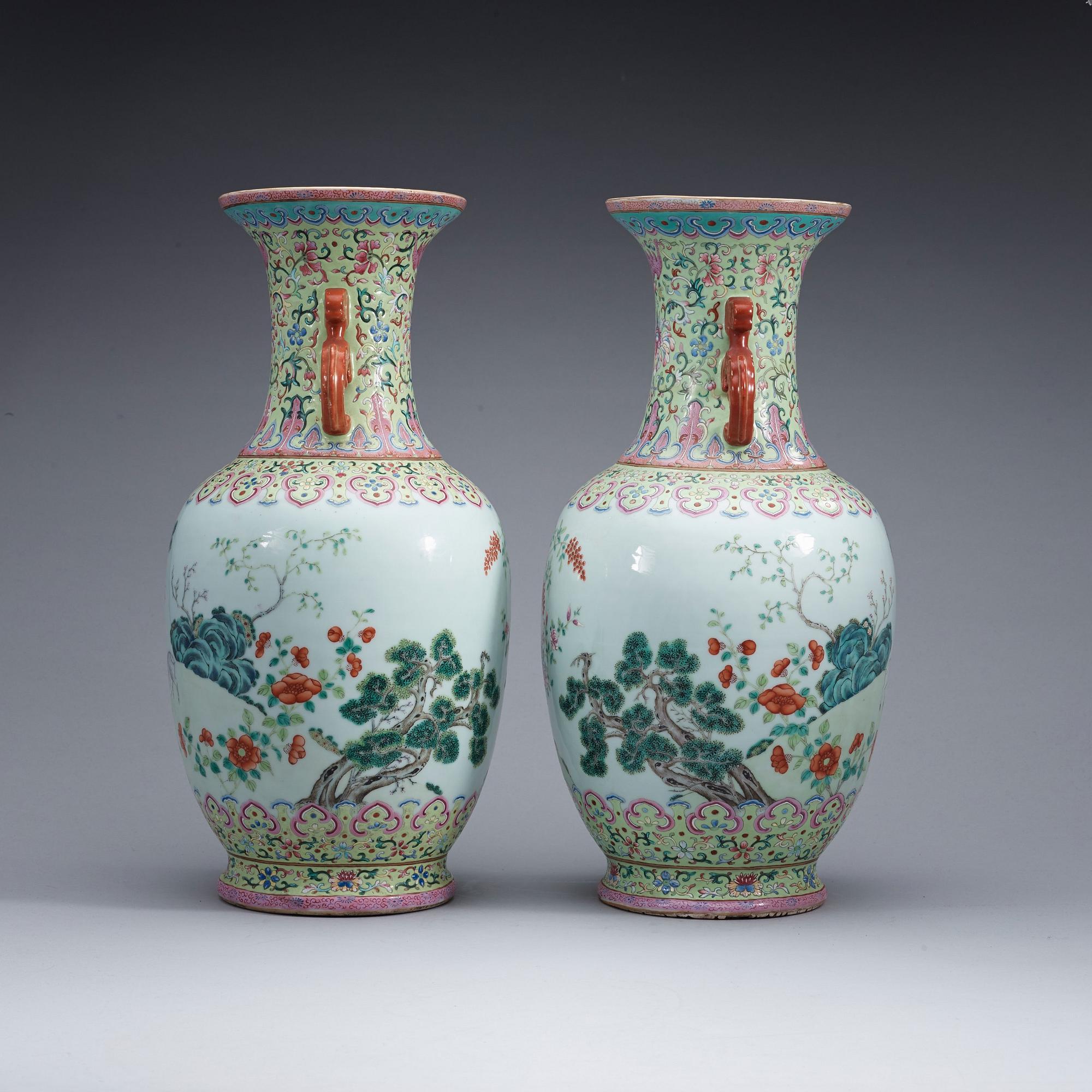 A pair of famille rose vases, Qing dynasty with Qianlong seal mark.