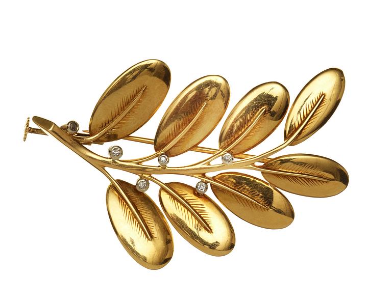 An Erik Fleming 18k gold brooch with six brilliant cut diamonds by Borgila, Stockholm 1944.