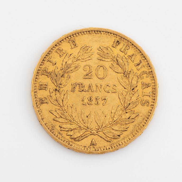 A French gold coin, 20 Francs, Naloelon III, 1857.