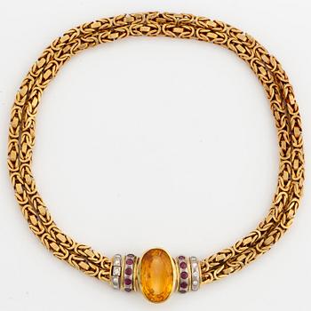 Citrine, ruby and brilliant-cut diamond necklace.