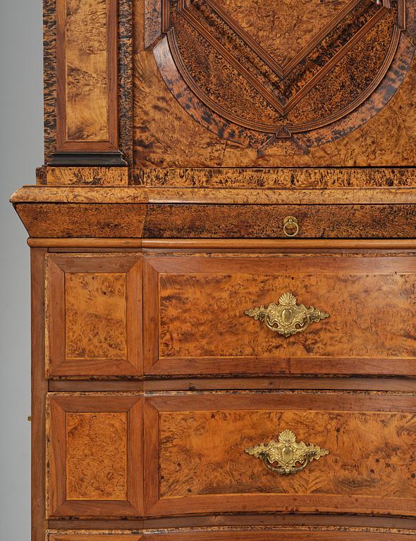 A Swedish late baroque burr-alder cabinet, first part 18th century.