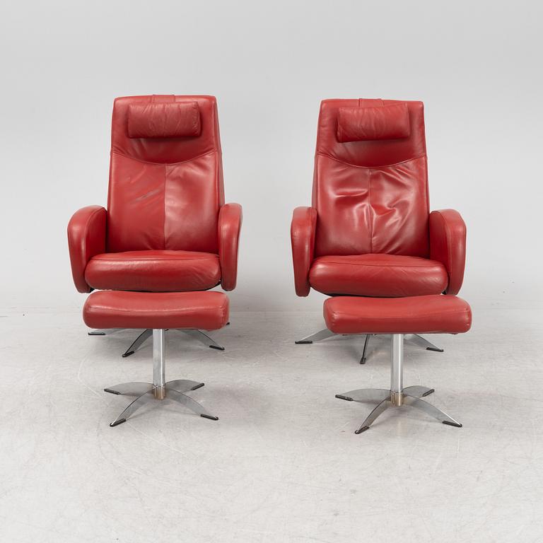 A pair of easy chairs with ottomans, model 'Harlem', Hjort Knudsen, Denmark, 21st Century.
