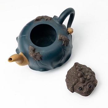 A poychrome yixing 'three legged toad' / 'Jin Chan' teapot, China, 1990s.