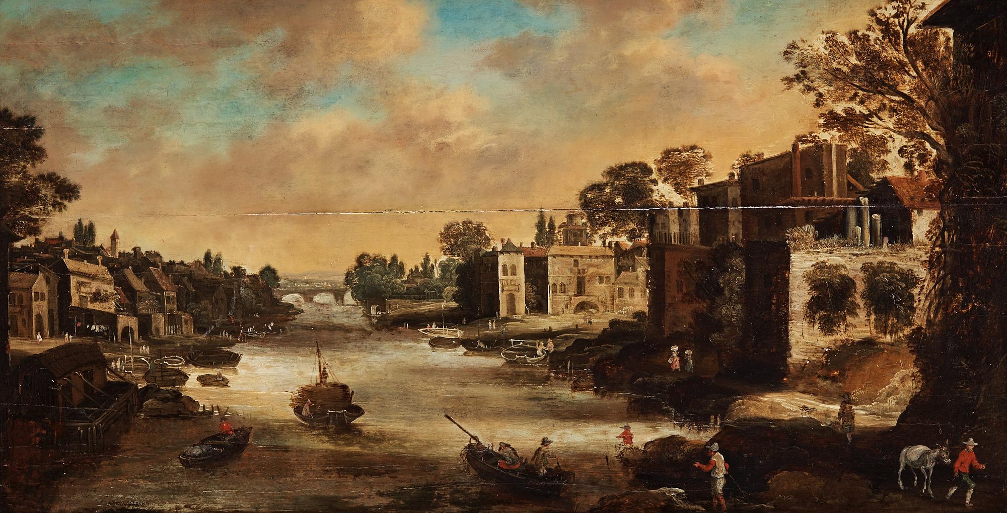 Unknown artist 17/18th Century. River landscape with buildings along the beaches.