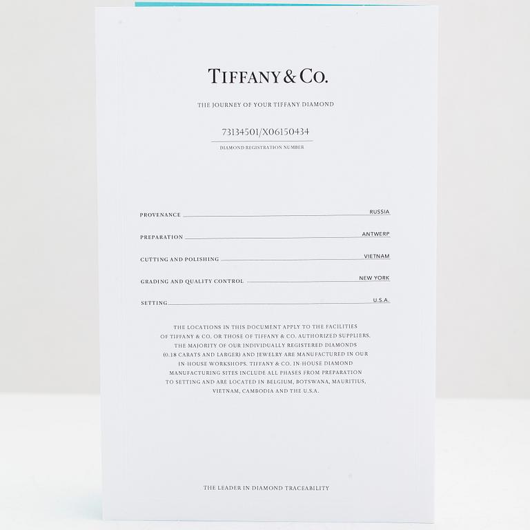 Tiffany & Co, ring, platina med en briljantslipad diamant 0.20 ct. Med certifikat.