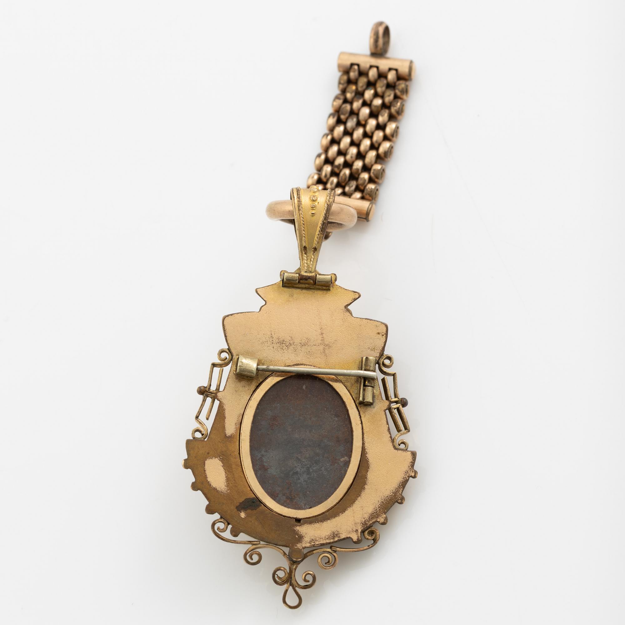 Bracelet and pendant/brooch, gilded possibly silver, with pearls 19th century.