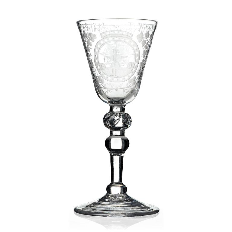 A Dutch engraved glass goblet, 18th Century.