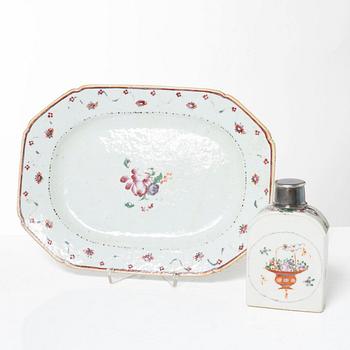 A Chinese export porcelain famille rose tea caddy and a serving dish, Qing dynasty, 18th century.