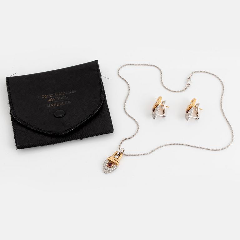 18K gold, diamond and most likey tourmaline necklace and earrings.