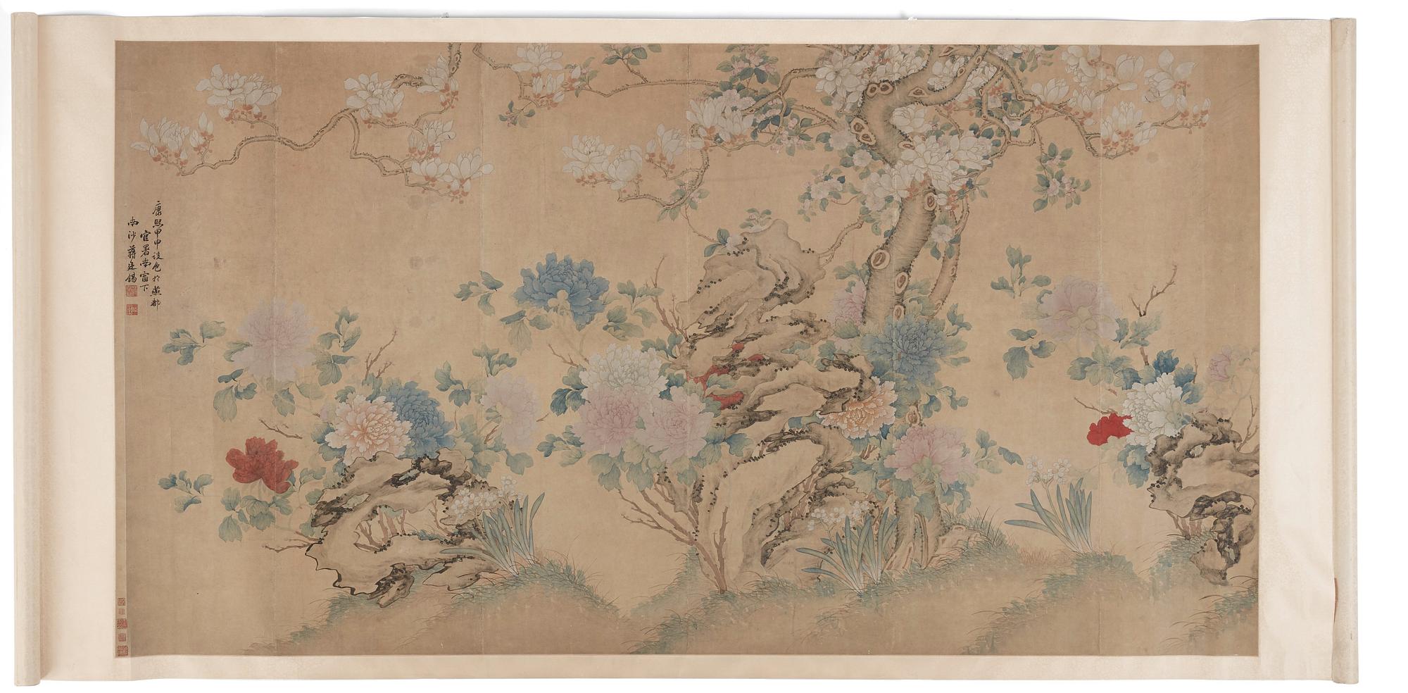 A Chinese scroll painting/wall paper-panel, ink and colour on paper, after Jiang Tingxi (1669-1732), Qing dynasty.