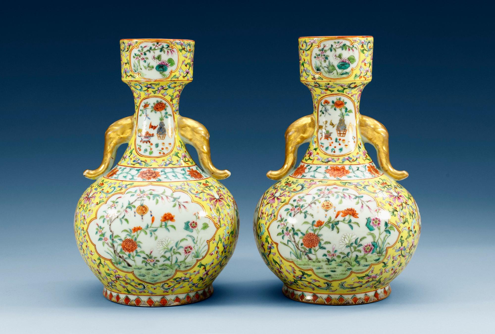 A pair of yellow ground vases, late Qing dynasty. With seal mark. (2).