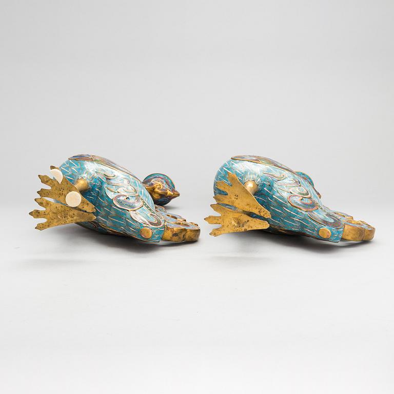 A pair of large Chinese cloisonné candle holders/censers, Qing dynasty.