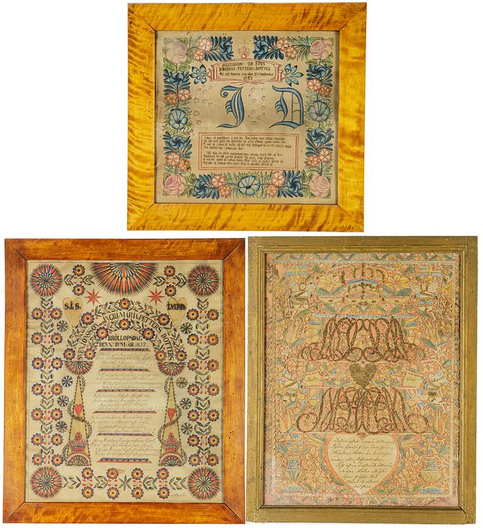 A set of three folk art commemorative paintings, 19th century.