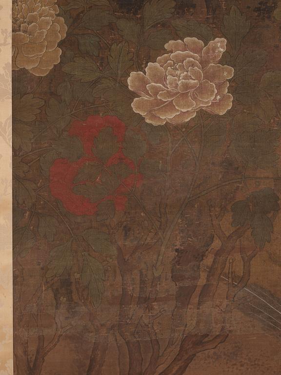 A scroll painting, ink and colour on silk laid on paper, by anonymous artist, late Ming/early Qing dynasty.