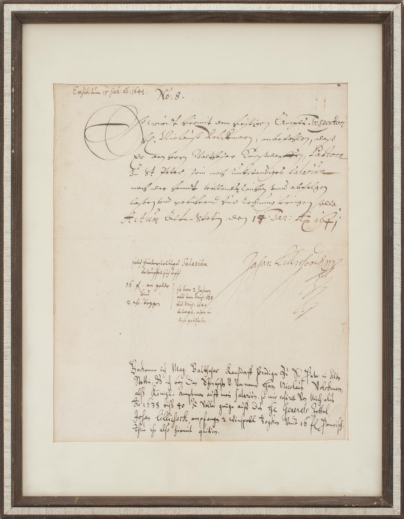 JOHAN NILSSON LILLIEHÖÖK AF FÅRDALA, brev, daterat 1641.