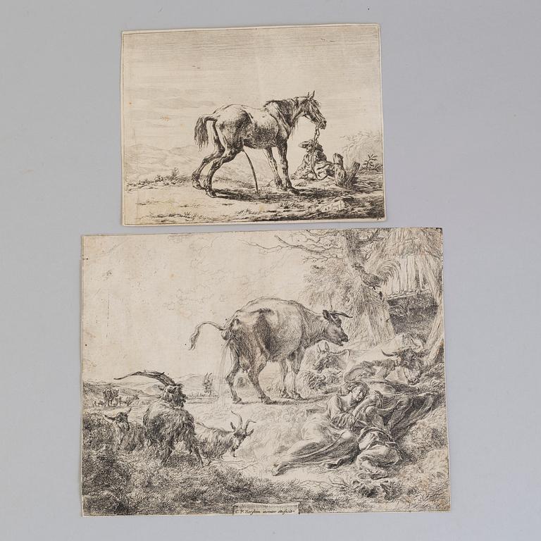 5 engravings, 18th century, amongst others C P Berghem and van der Velde.
