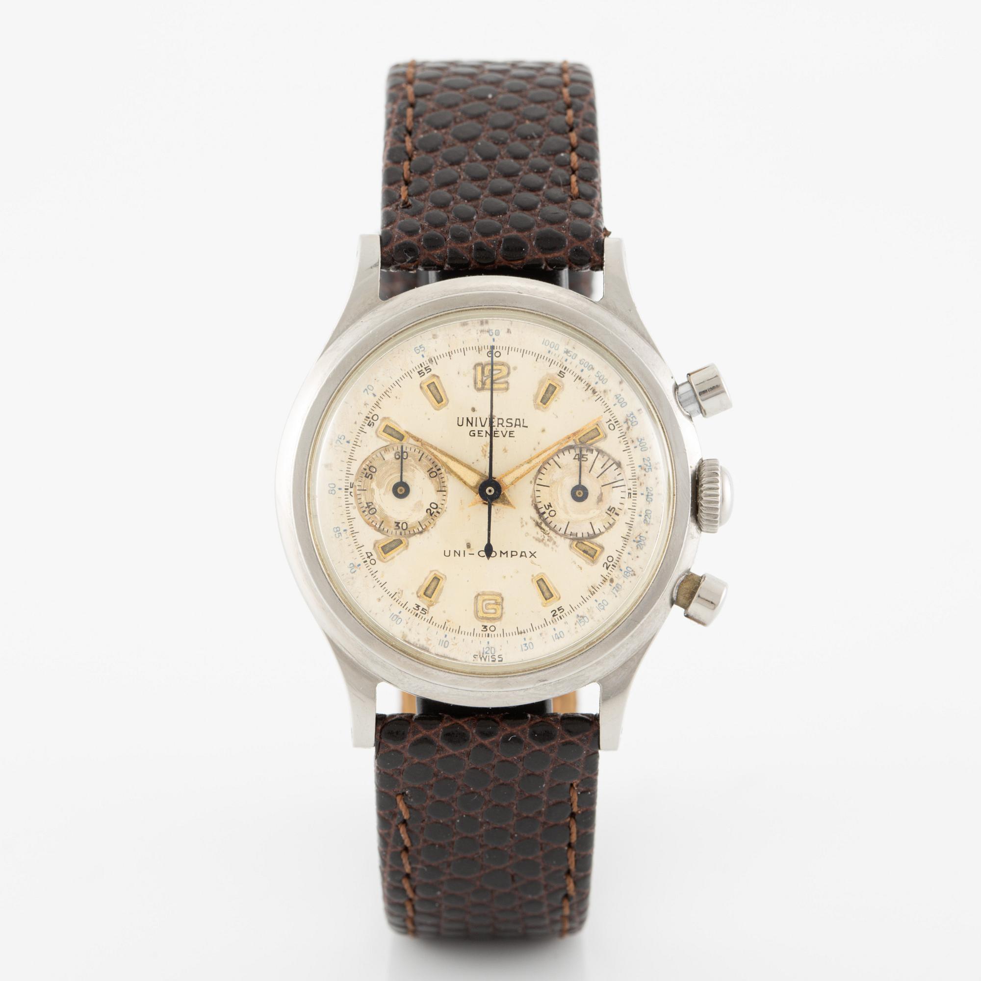 Universal Genève, Uni-Compax, chronograph, wristwatch, 35 mm.