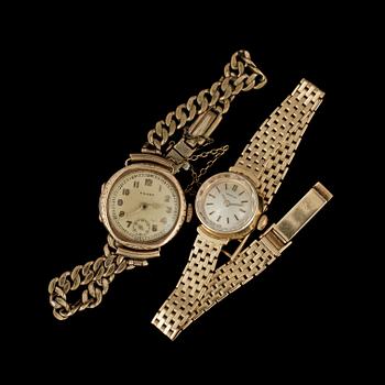 ARMBANDSUR, dam, 2st, 18k resp 14k guld, Certina och Exakt, 1900-talets andra hälft. Totalvikt Certina 28g.