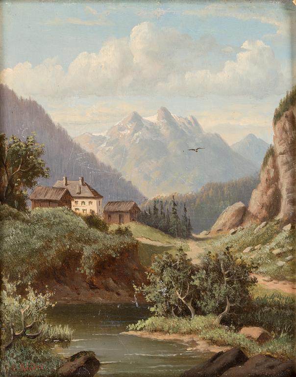 A 19 th century oil painting by C. RIEDER, titled on verso, "Aus dem Ampezzo thale".