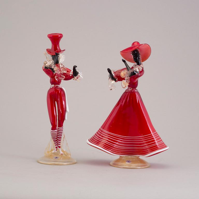 A pair of glass figures from Murano, mid 20th century.