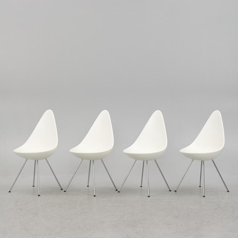Arne Jacobsen, a set of four 'Drop' chiars, Fritz Hansen, Denmark 2019.