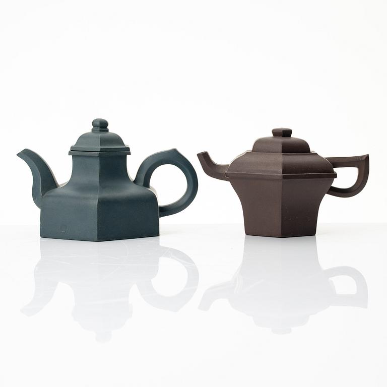 Two hexagonal 'gongfu' teapots, yixing, China, 1980s.