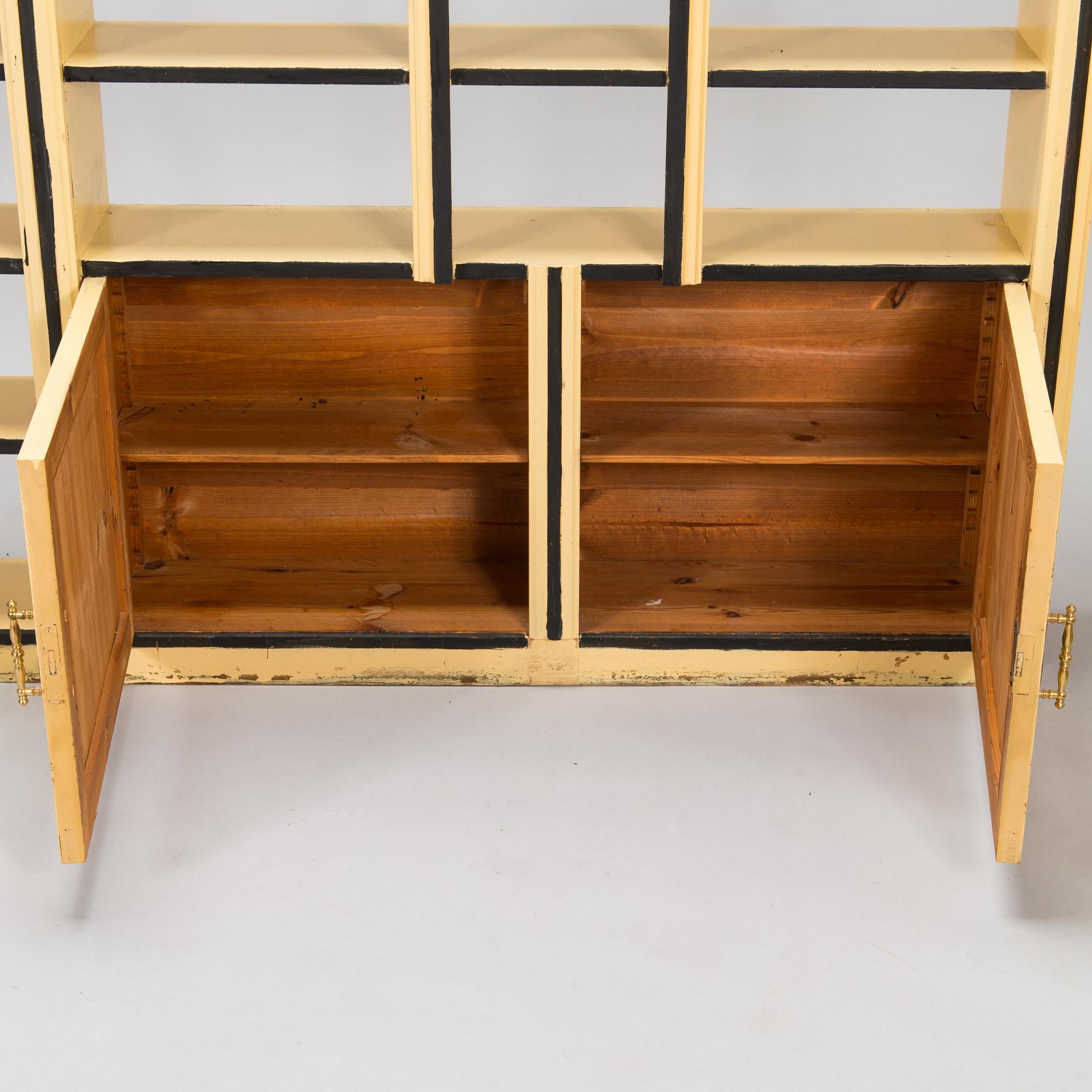 Two wall cabinets and shelves, Sagu pharmacy furniture, Finland early 20th century.