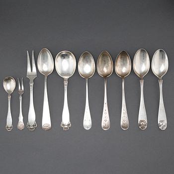 BESTICK, 10 delar, silver, mestadelen norska stämplar, bl.a Brödrene Lohne, omkring år 1900 / 1900-talets första hälft.