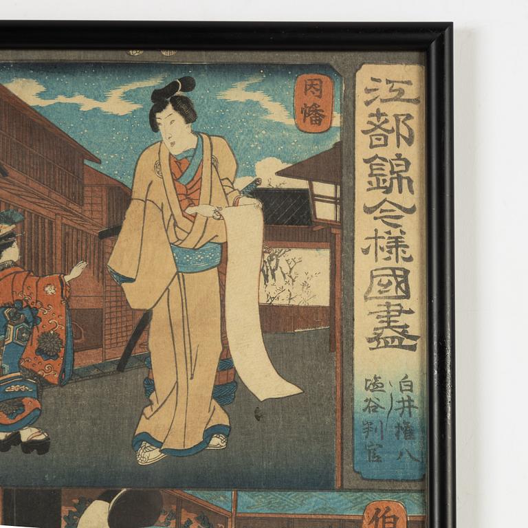 Utagawa Kunisada och Utagawa Kuniyoshi, färgträsnitt, 2st, Japan, 1800-talets mitt.