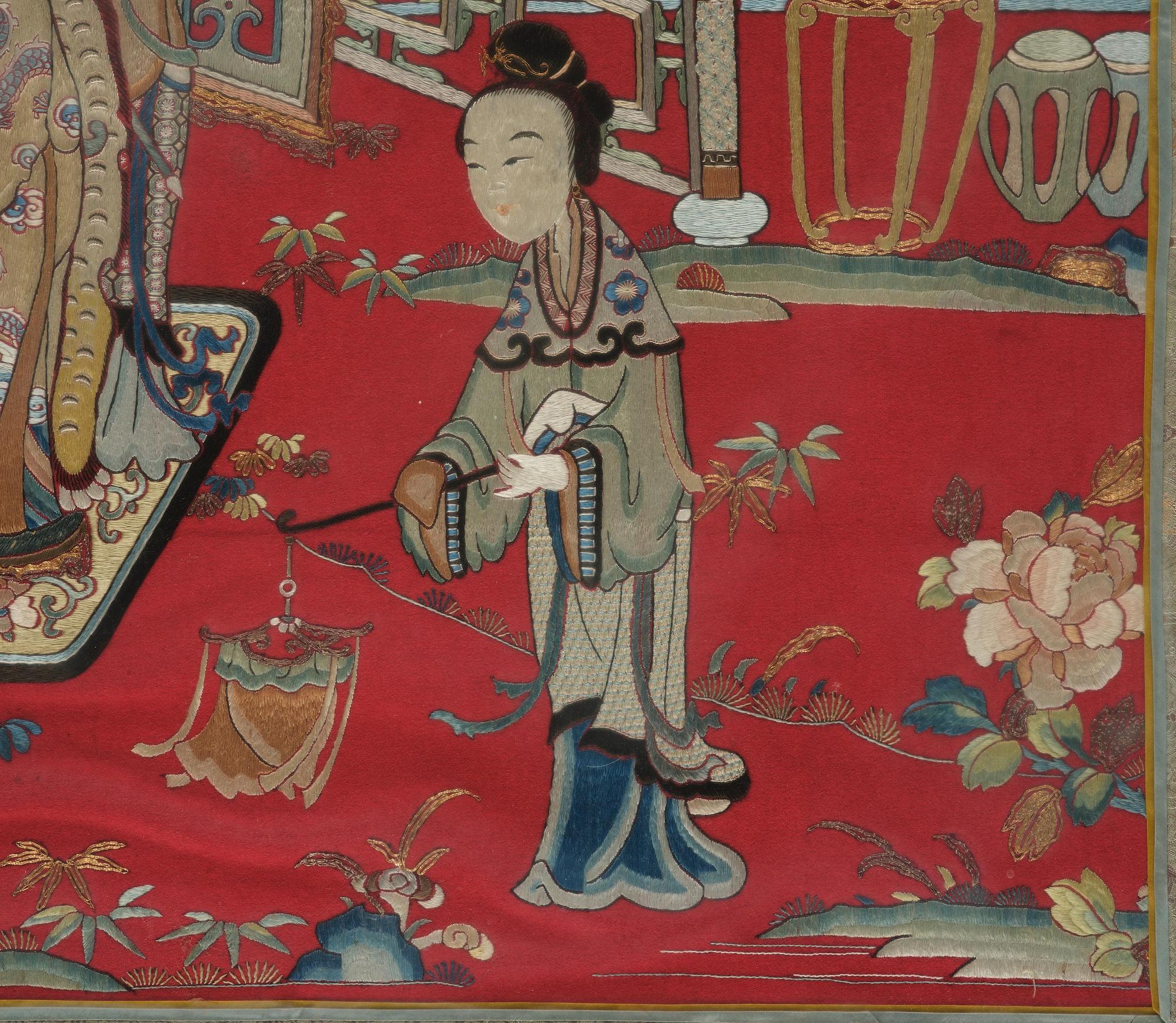 Panel, sidenbroderi. Qingdynastin, 1800-tal.