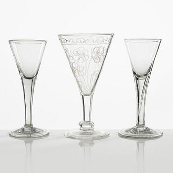 A set of three Swedish wine glasses, 18th/19th century.