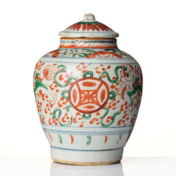 A wucai decorated jar with cover, Transition, 17th century.