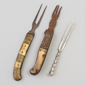 THREE SILVER AND STEEL FORKS, 19th century.