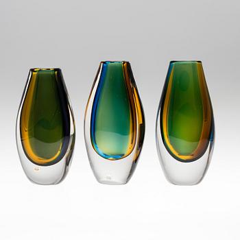 VICKE LINDSTRAND, three glass vases from Kosta.