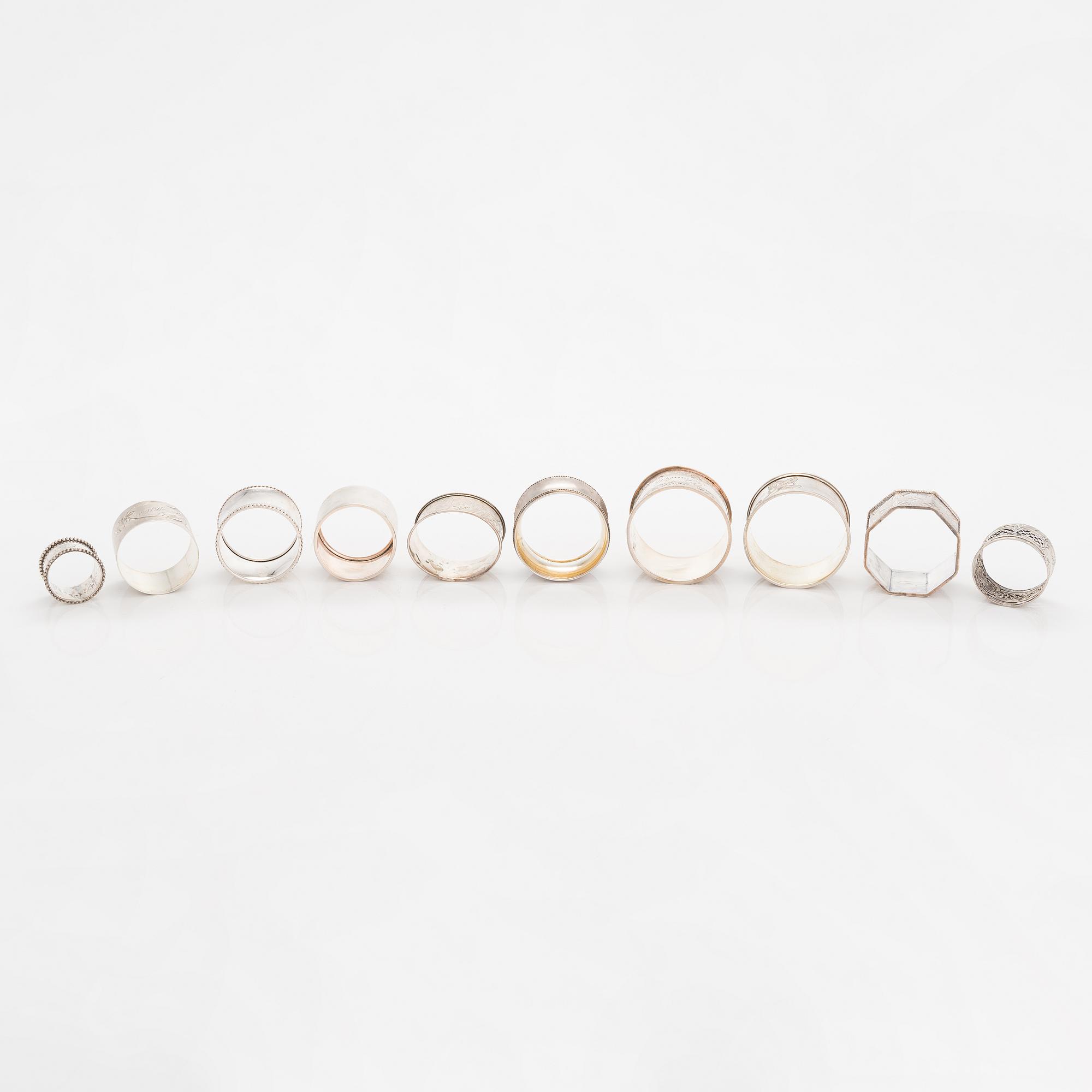 Servettringar, 10 st, silver, bl a England, Finland, Sverige, Ryssland m.fl. 1800-talets slut - 1900-talets mitt.